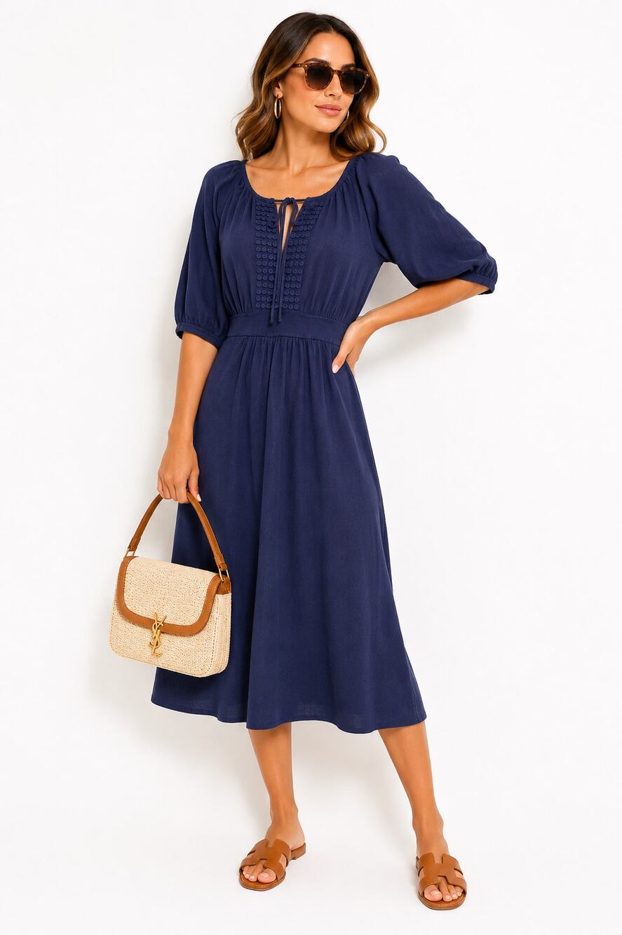 Banana Republic Navy Cotton Peasant Midi Dress L Tie Neck Autumn Wedding Guest